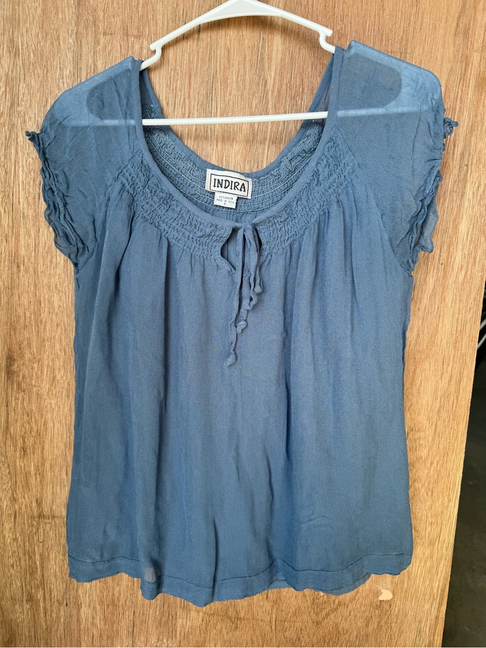 Indira Blue Smocked Yoke Flutter Sleeve Blouse